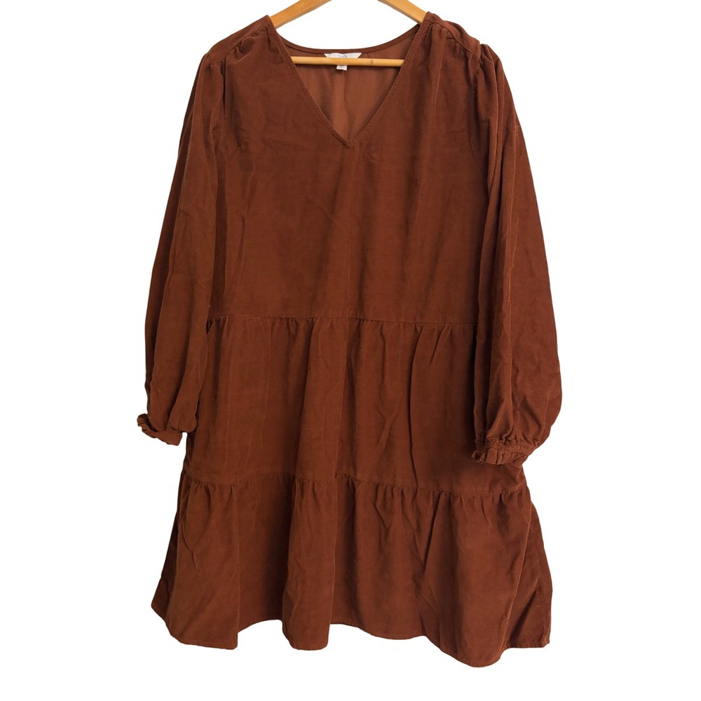 Time and Tru Tiered Corduroy Dress XXL 20 Brown, Boho, Fall, Ruffles,Pockets